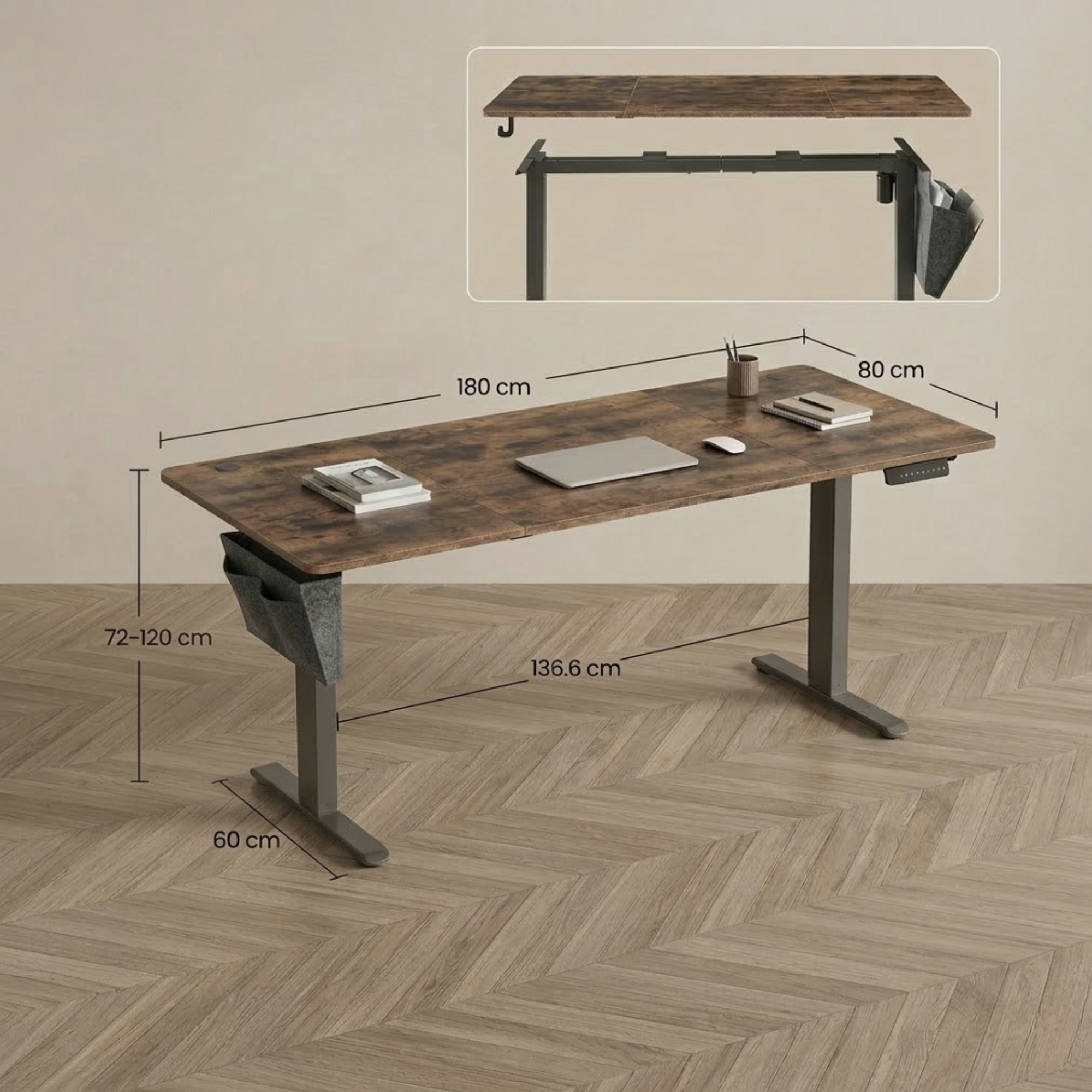 Bureau assis debout électrique avec rangement 180×80 cm | Atelier Desk